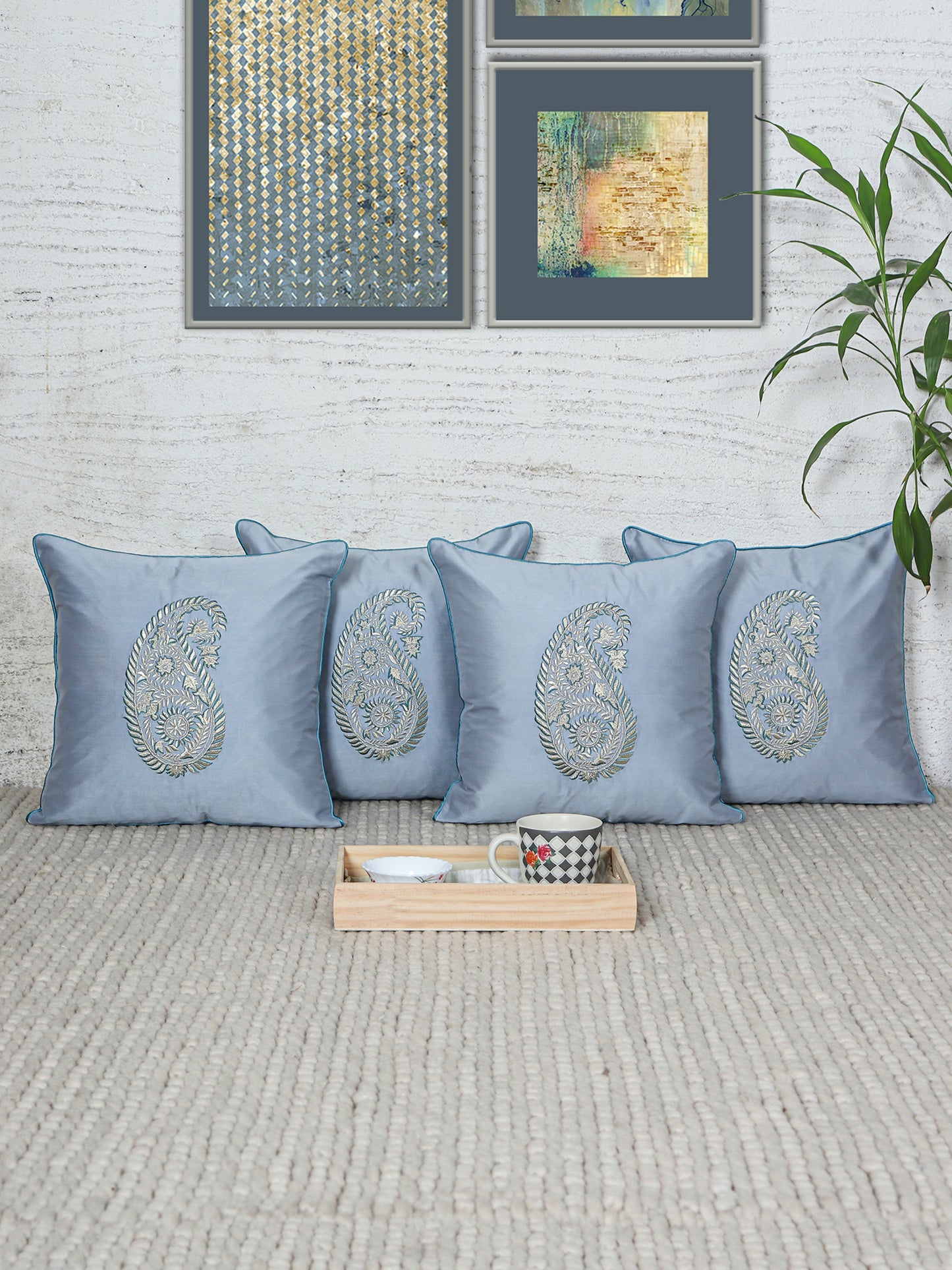 Paisley Motif in Two Tone Embroidered Cushion Cover with Cord Piping - Metallic Grey