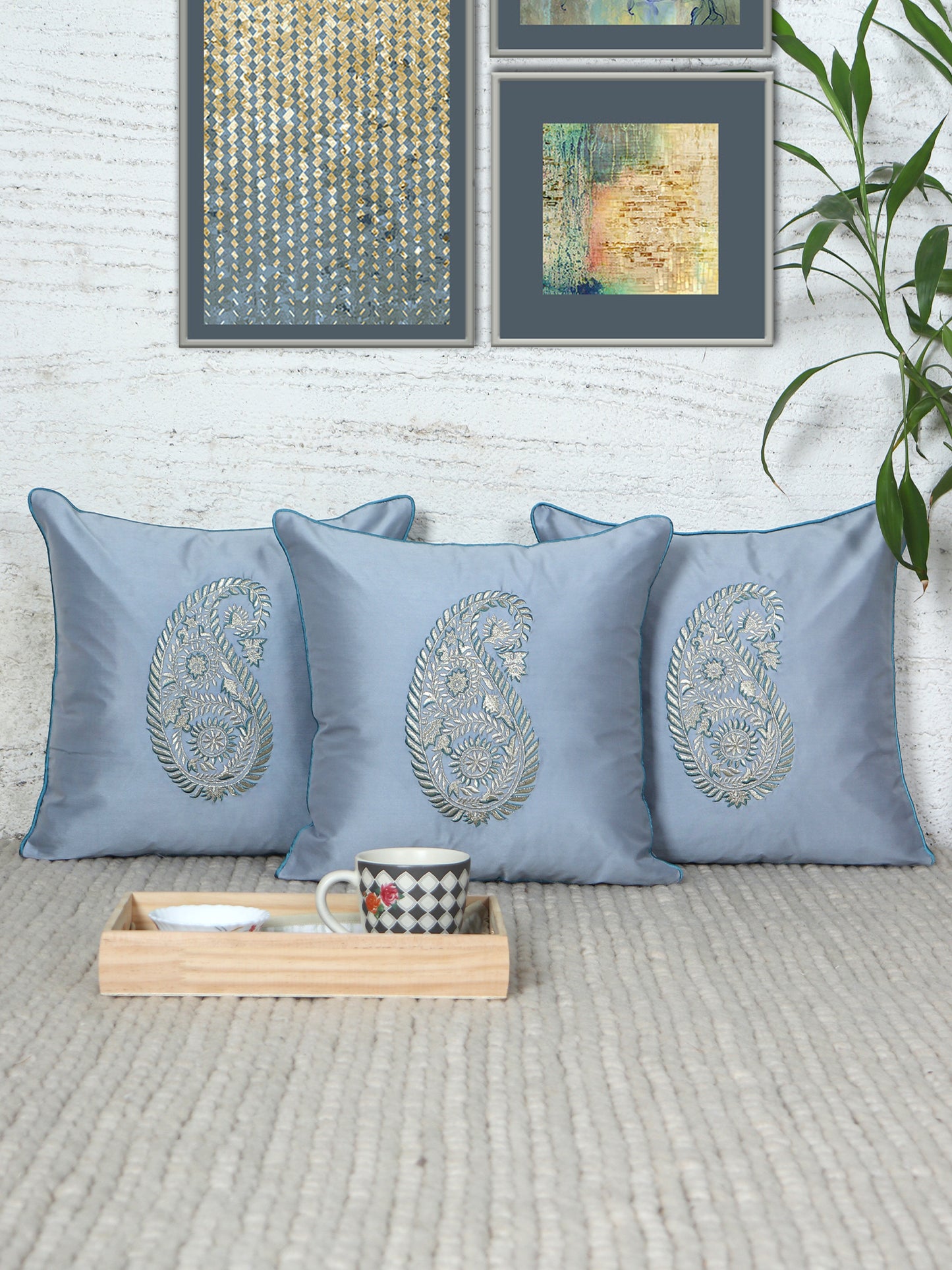 Paisley Motif in Two Tone Embroidered Cushion Cover with Cord Piping - Metallic Grey