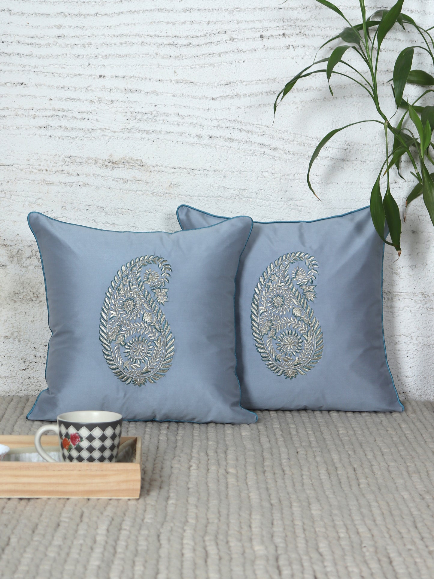 Paisley Motif in Two Tone Embroidered Cushion Cover with Cord Piping - Metallic Grey