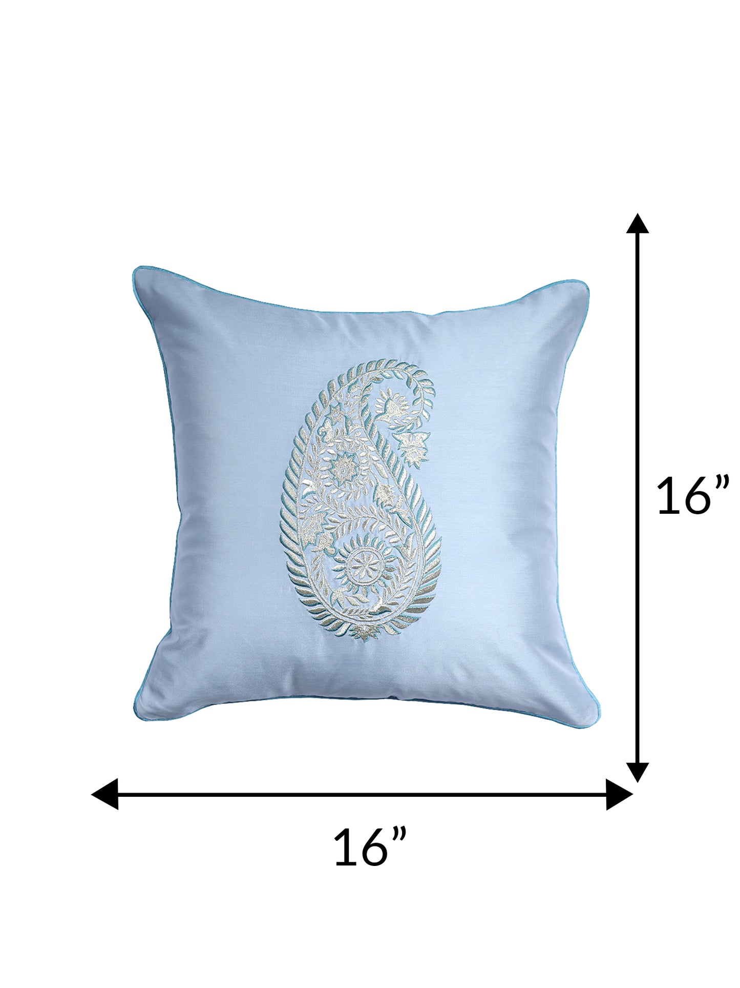 Paisley Motif in Two Tone Embroidered Cushion Cover with Cord Piping - Metallic Grey