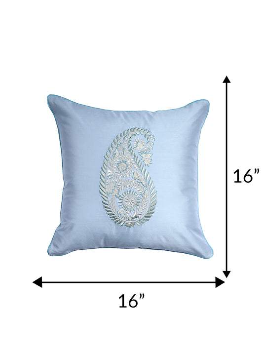 Paisley Motif in Two Tone Embroidered Cushion Cover with Cord Piping - Metallic Grey