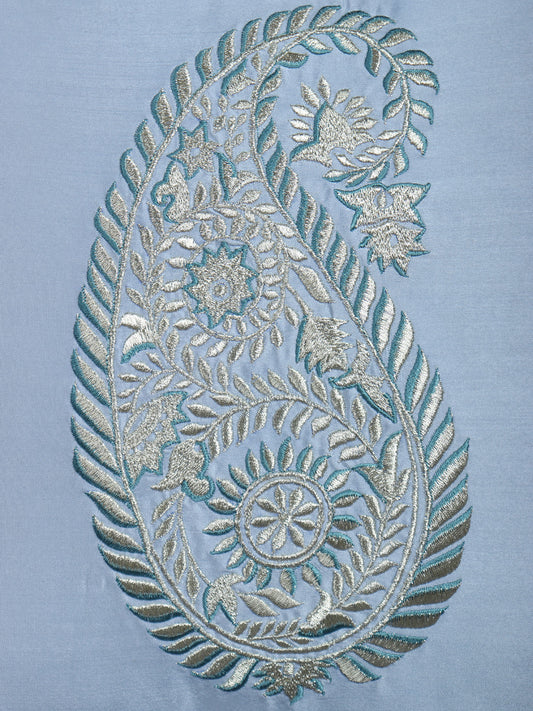 Paisley Motif in Two Tone Embroidered Cushion Cover with Cord Piping - Metallic Grey