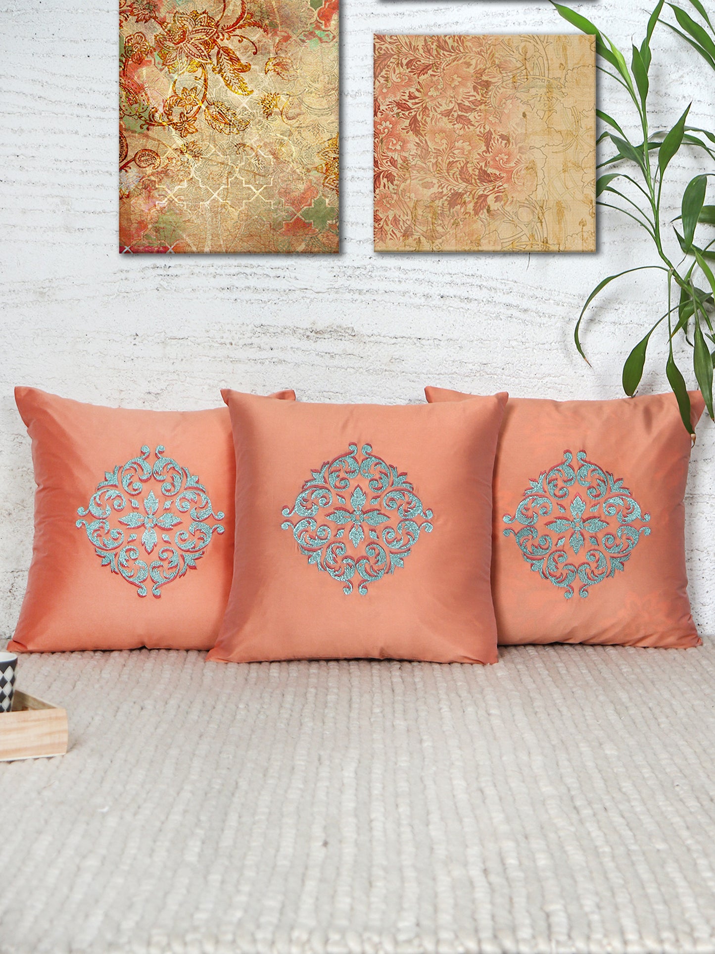 Central Motif in Two Tone Embrodiery Cushion Cover - Coral