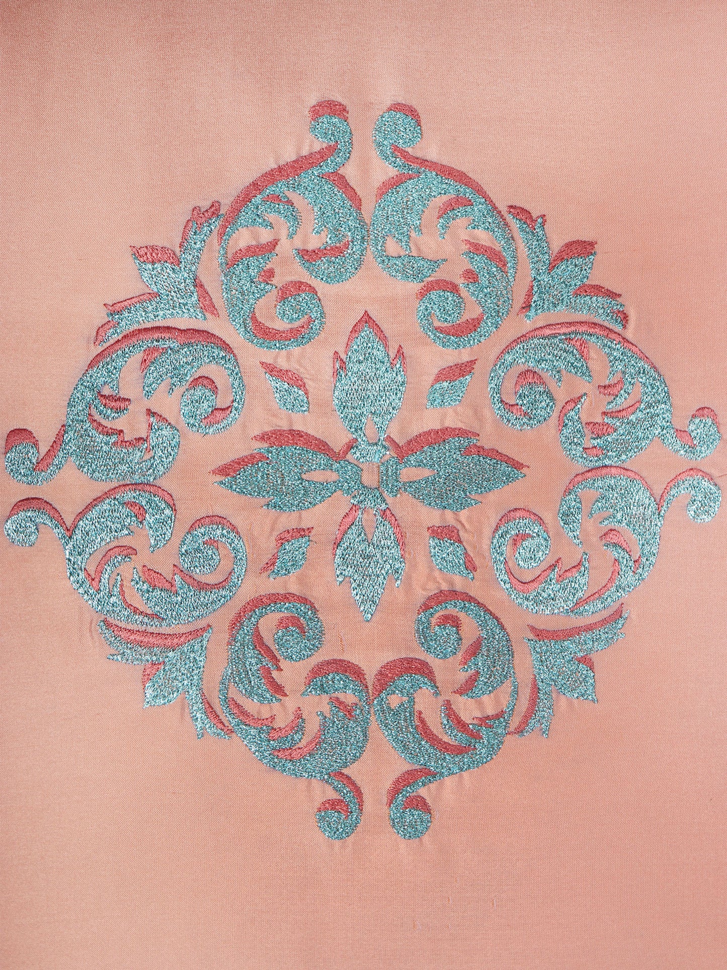 Central Motif in Two Tone Embrodiery Cushion Cover - Coral