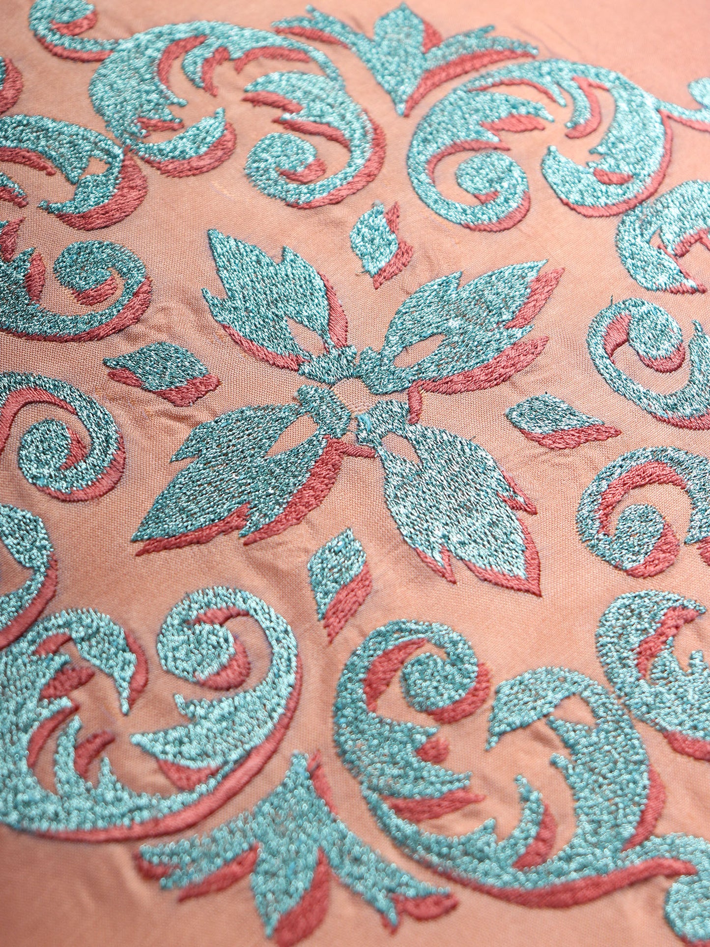 Central Motif in Two Tone Embrodiery Cushion Cover - Coral