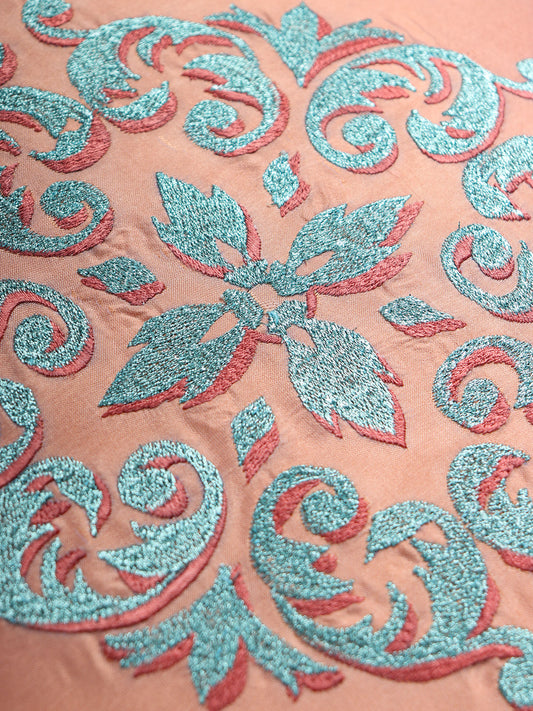 Central Motif in Two Tone Embrodiery Cushion Cover - Coral
