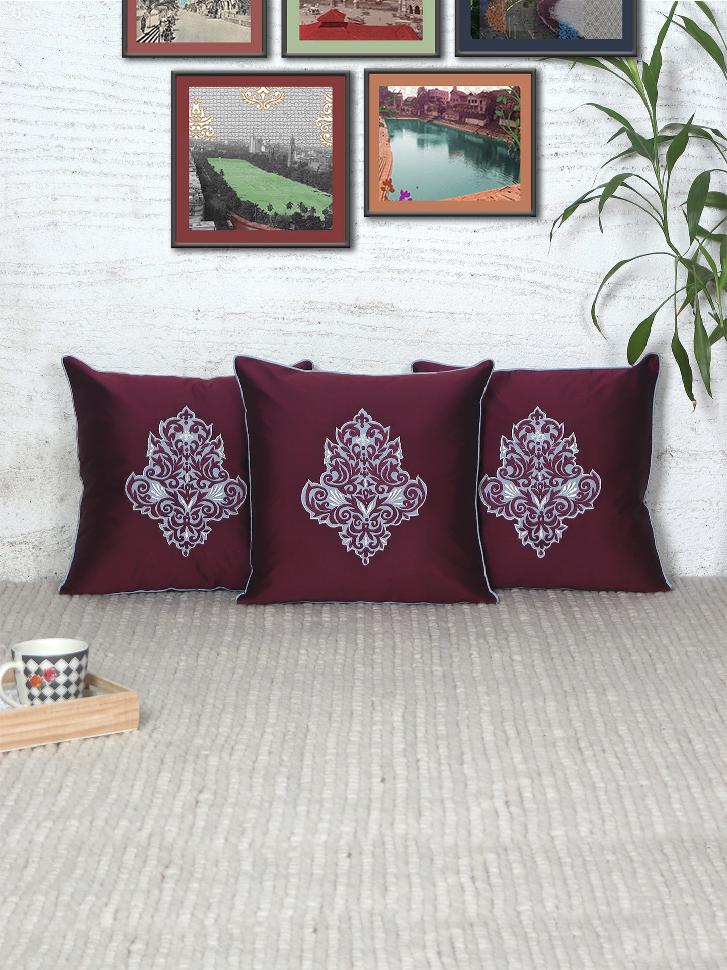 Motif Embroidered with Cushion Cover with Patchwork and Cord Piping - Maroon