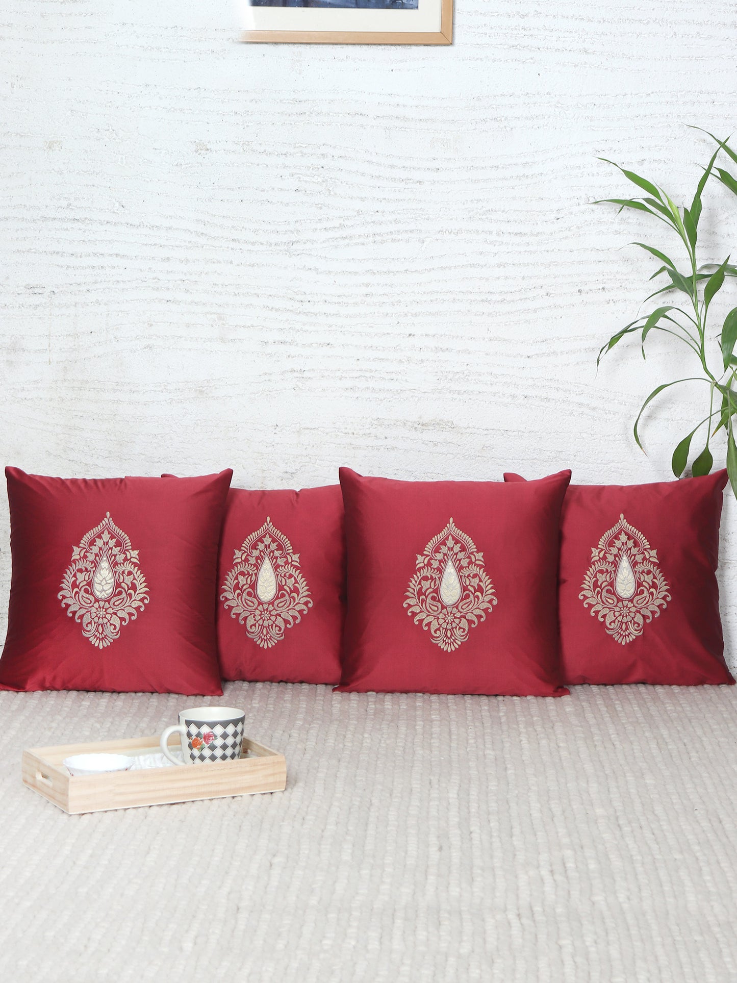 Motif Embroidered Cushion Cover with Patch and Applique - Red