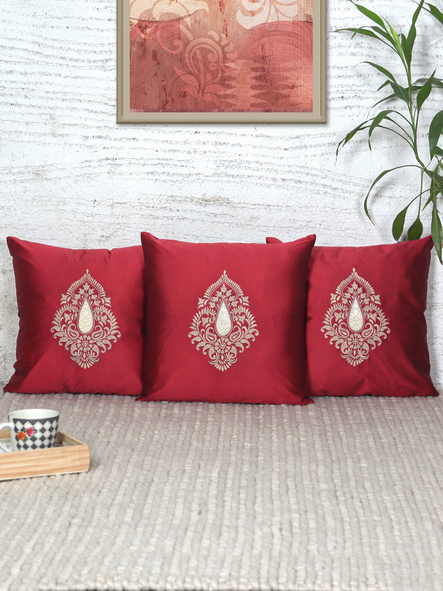 Motif Embroidered Cushion Cover with Patch and Applique - Red
