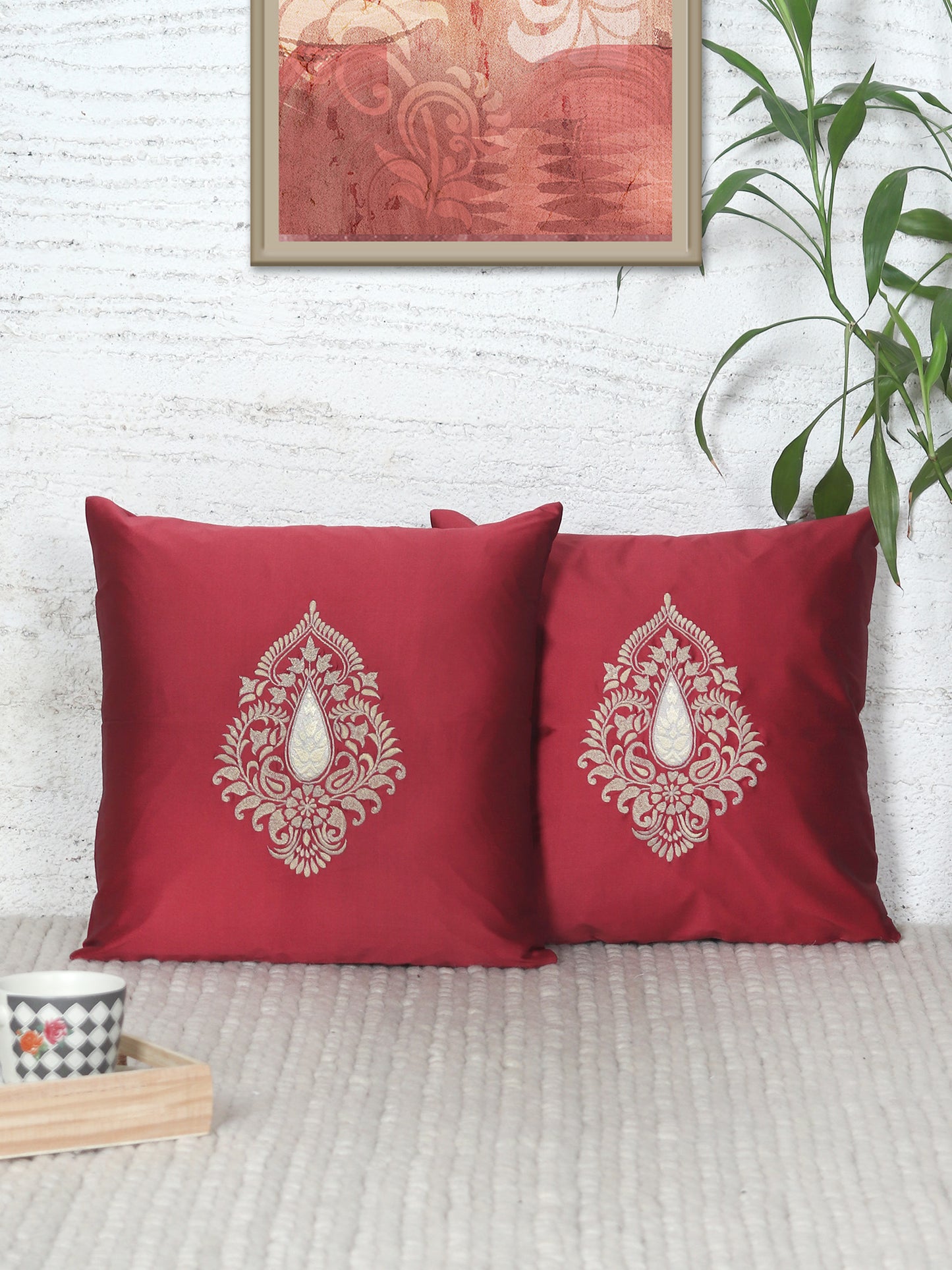 Motif Embroidered Cushion Cover with Patch and Applique - Red