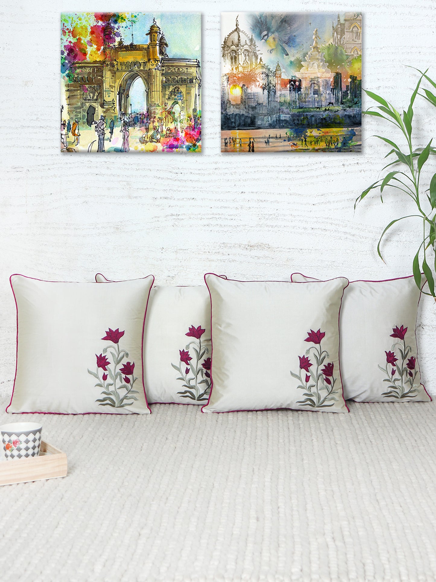 Floral Embroidered Cushion Cover with Cord Piping - White