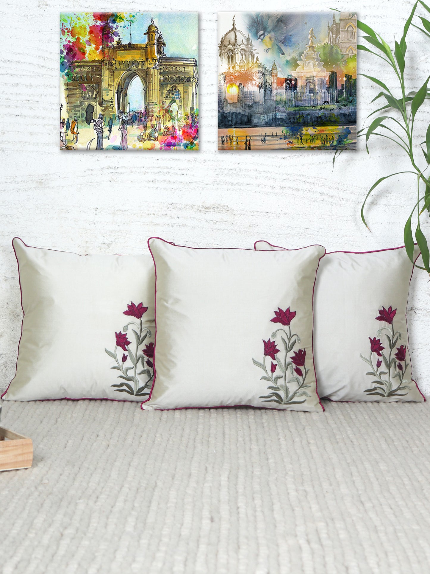Floral Embroidered Cushion Cover with Cord Piping - White