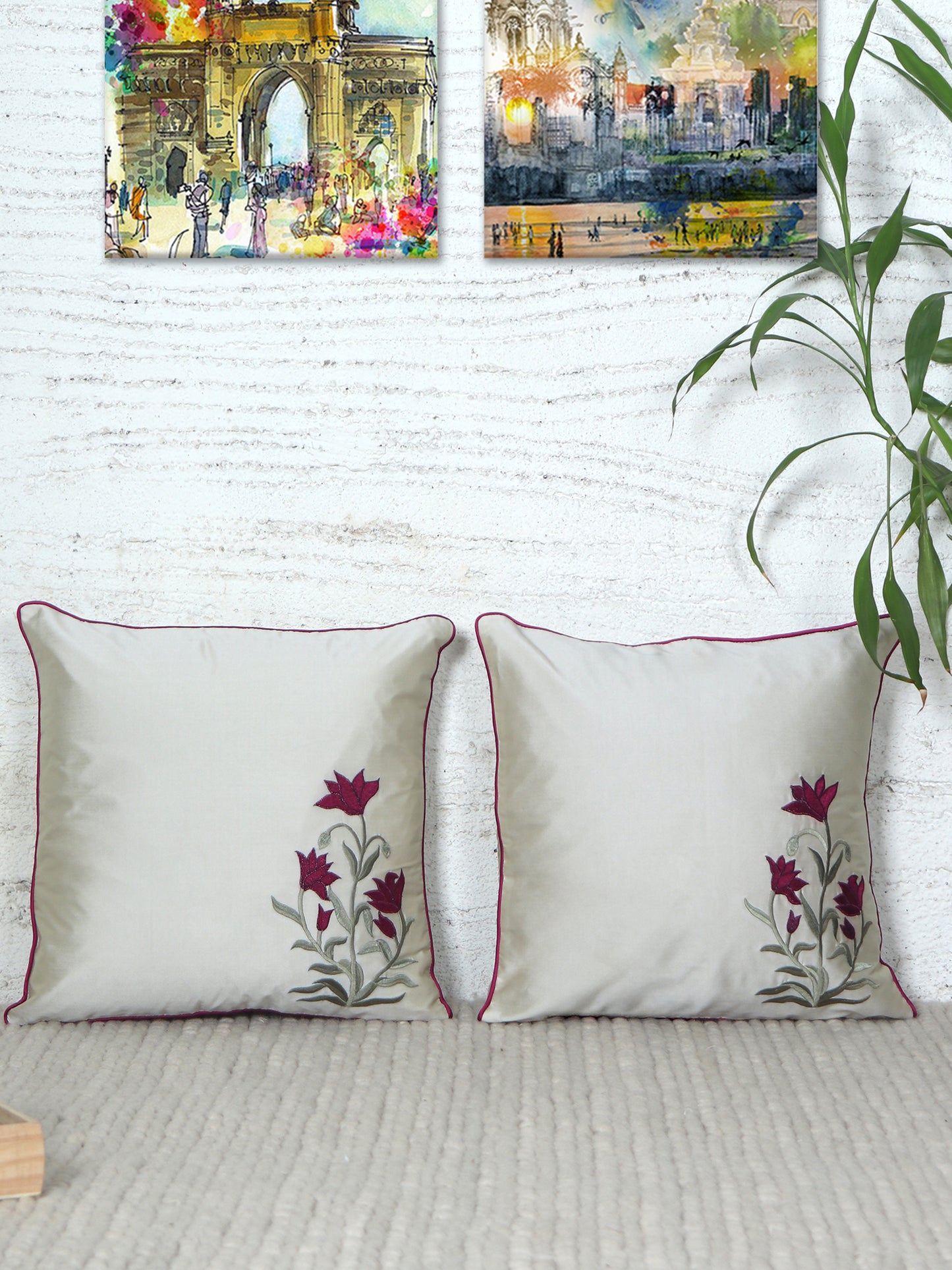 Floral Embroidered Cushion Cover with Cord Piping - White
