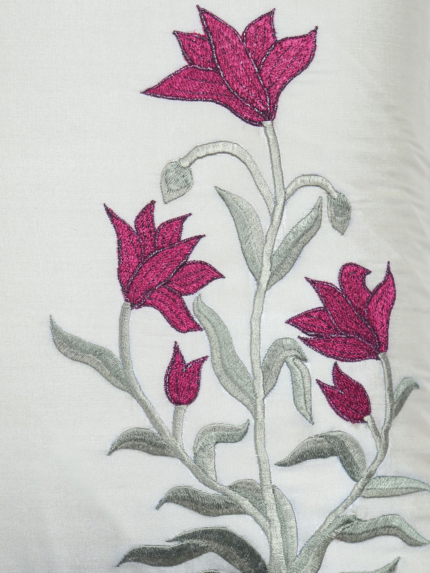 Floral Embroidered Cushion Cover with Cord Piping - White