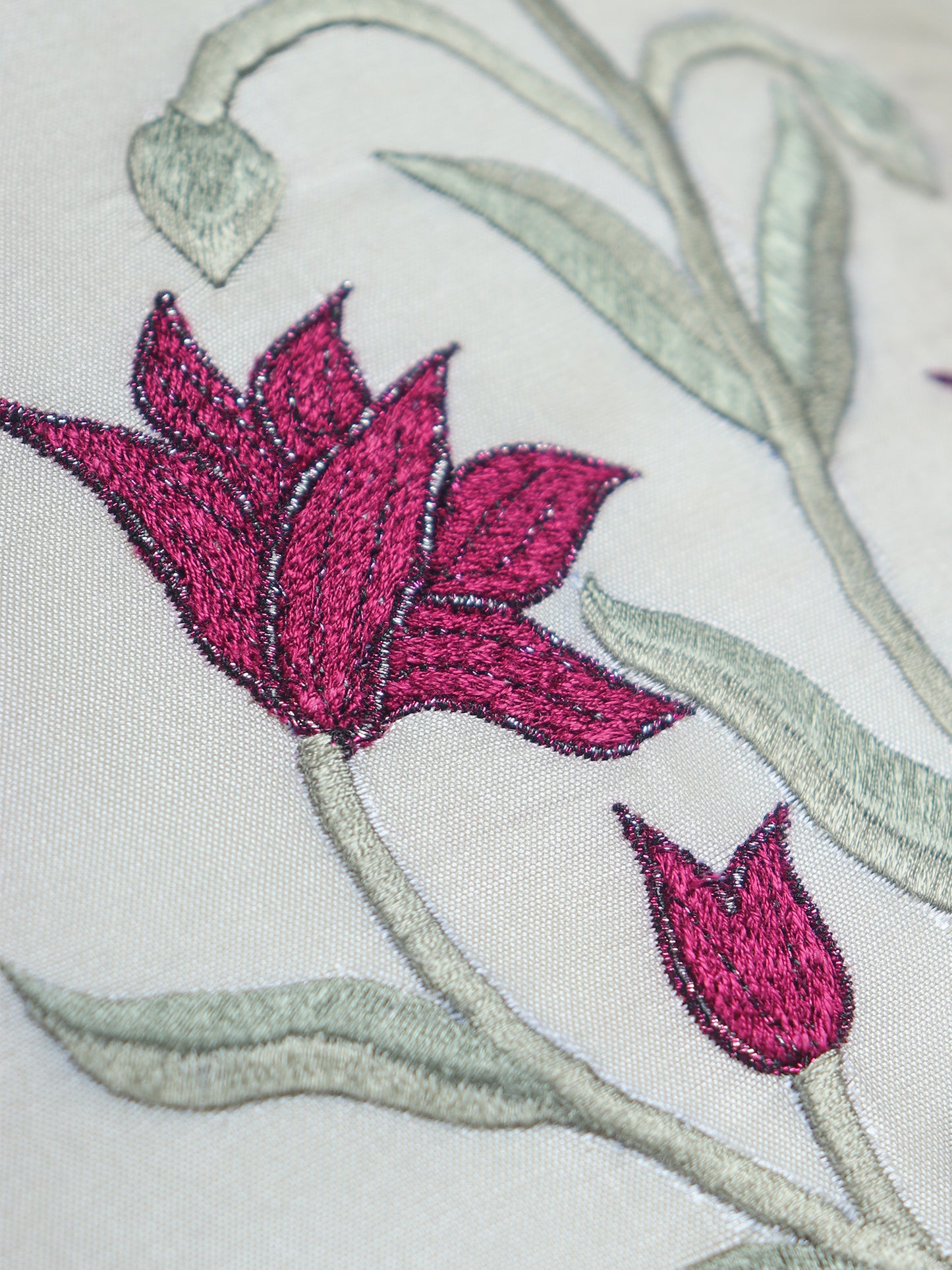Floral Embroidered Cushion Cover with Cord Piping - White