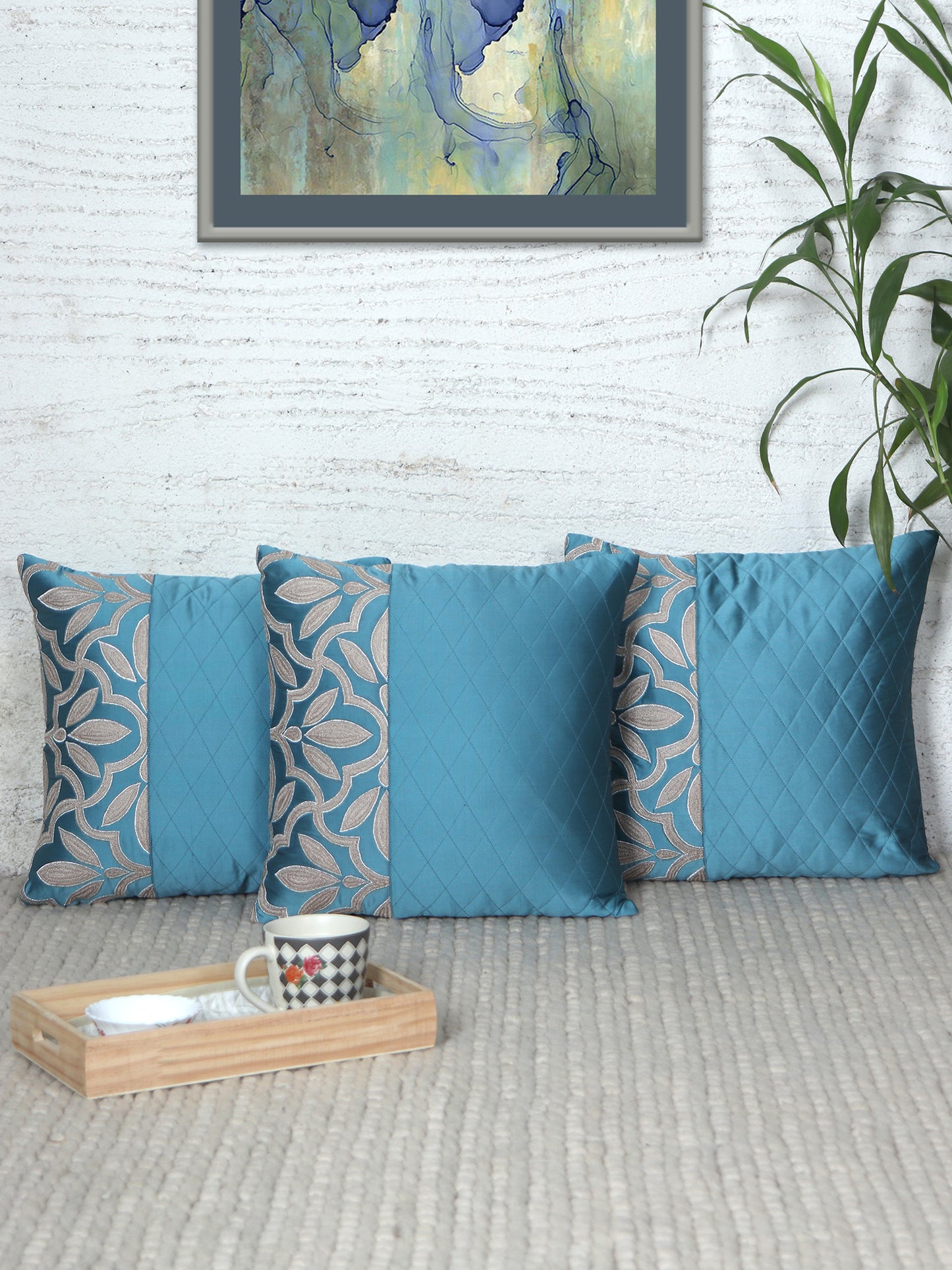 Floral Embroidered Cushion Cover with Quilting lines - Aqua Blue
