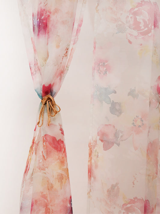 Door Transparent Sheer Curtain Polyester Abstract Floral Red- 50" X 90"