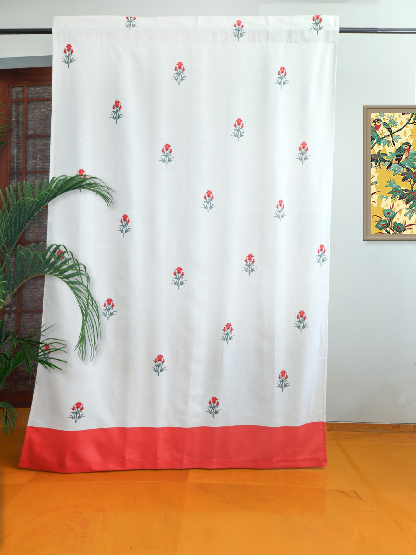 Zeba White & Red Floral Door Curtain – Cotton Blend | 50x84" Hidden Loop