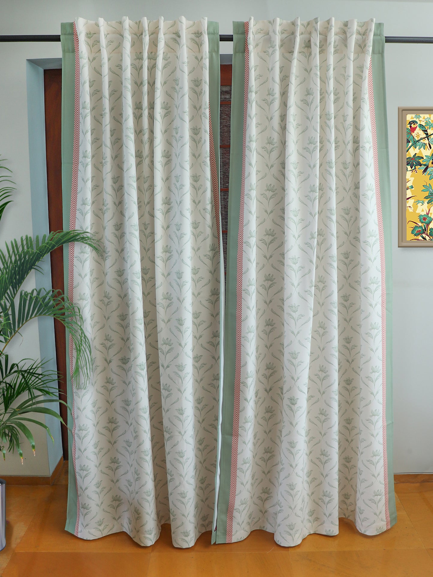 Door Curtain Cotton Blend Floral Digital Printed in White Green - 50"x84" (Hidden Loop)