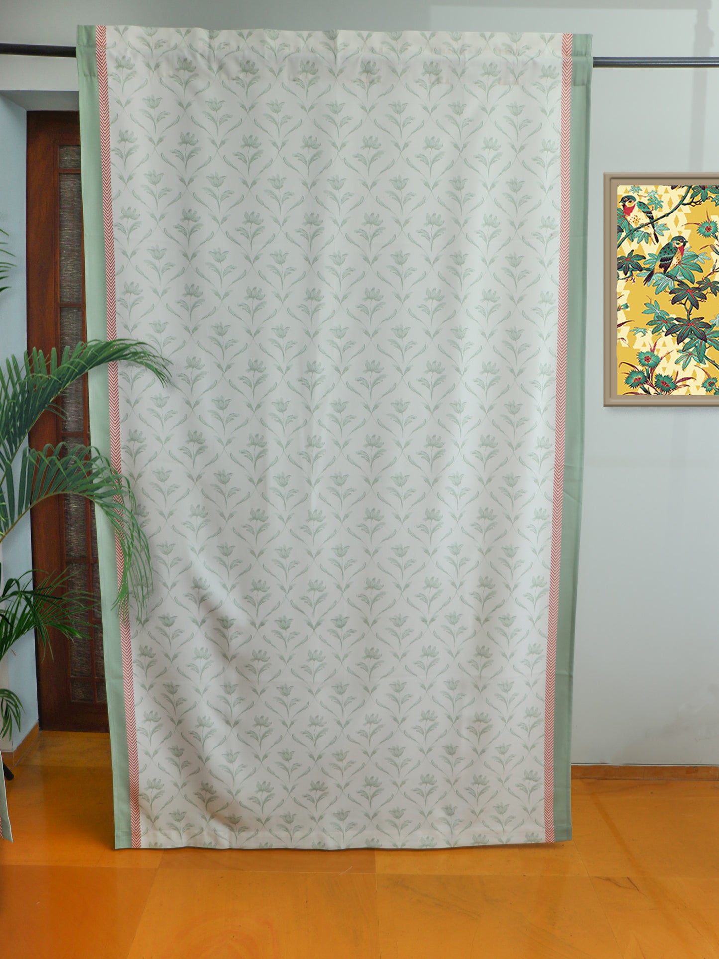 Door Curtain Cotton Blend Floral Digital Printed in White Green - 50"x84" (Hidden Loop)