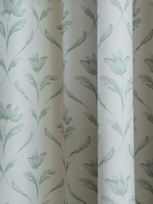 Door Curtain Cotton Blend Floral Digital Printed in White Green - 50"x84" (Hidden Loop)