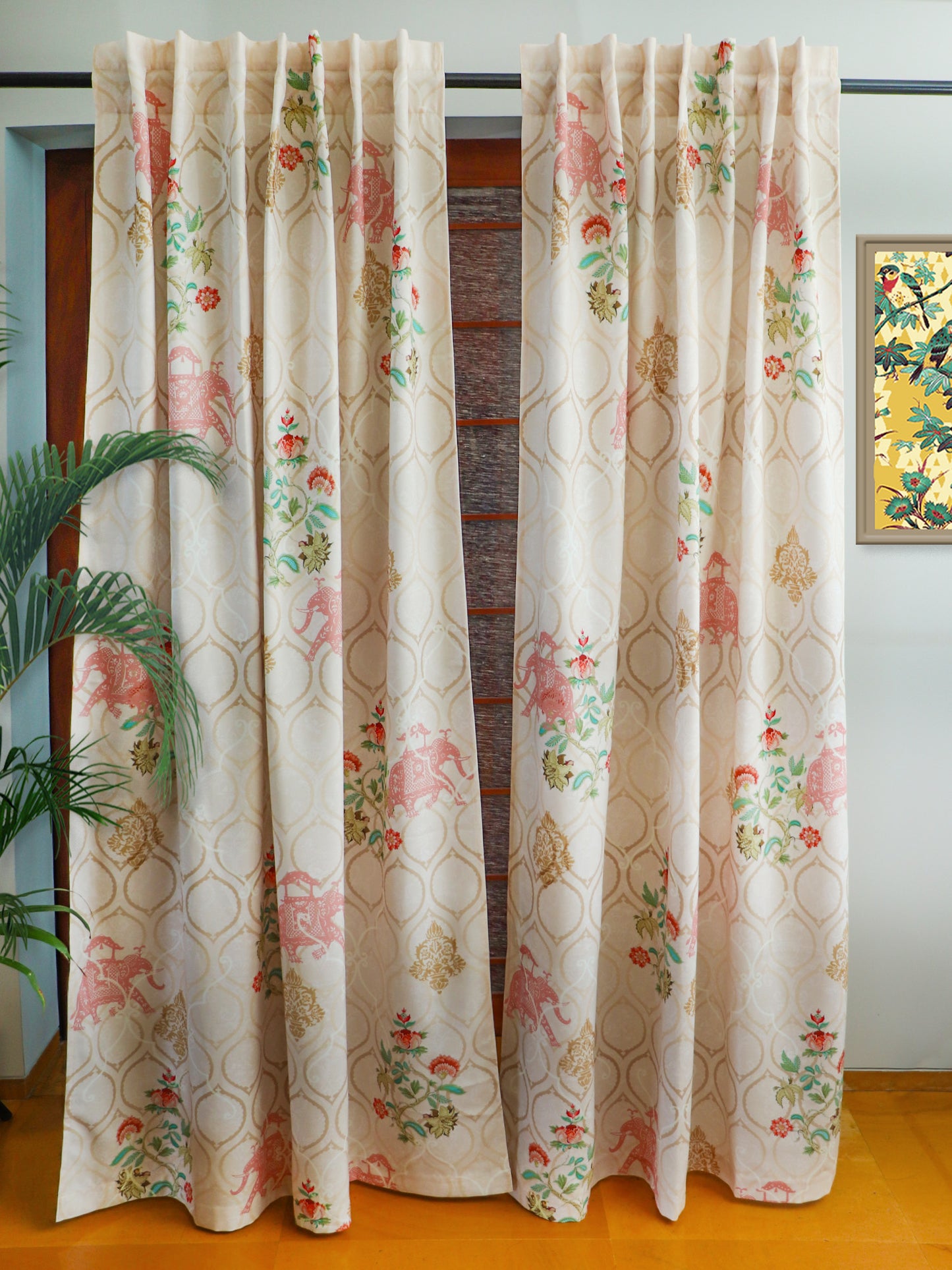 Door Curtain Cotton Blend Mughal Garden Printed in Beige Color - 50" x 84"(Hidden Loop)