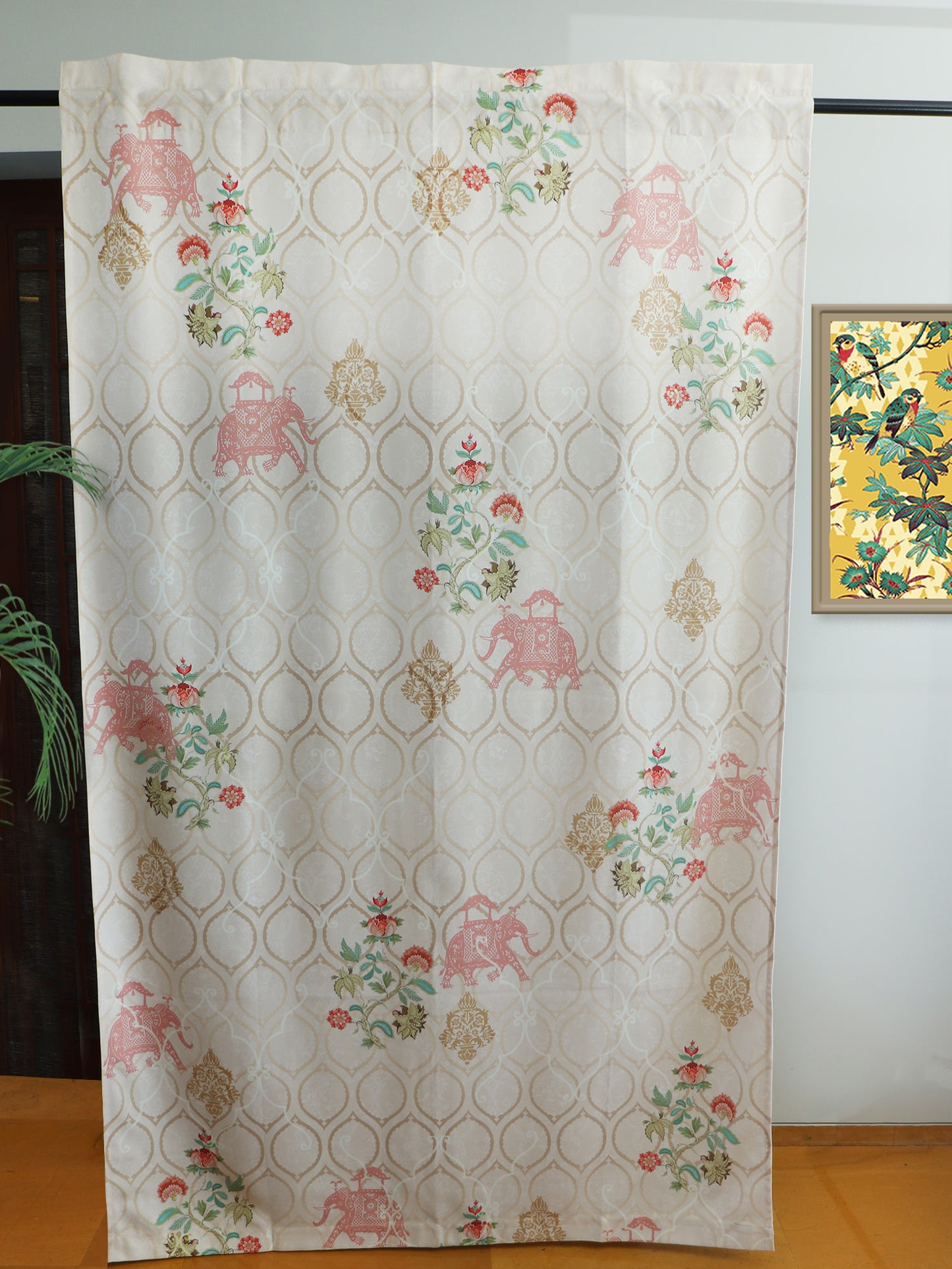 Door Curtain Cotton Blend Mughal Garden Printed in Beige Color - 50" x 84"(Hidden Loop)