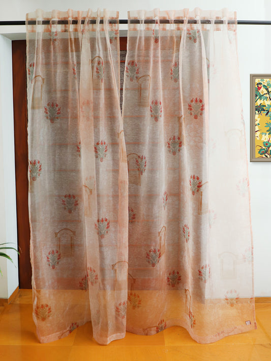 Organza Sheer Curtain Mughal Jharokha Printed Brown - 50" x 80" (Pack of 2)(Hidden Loop)