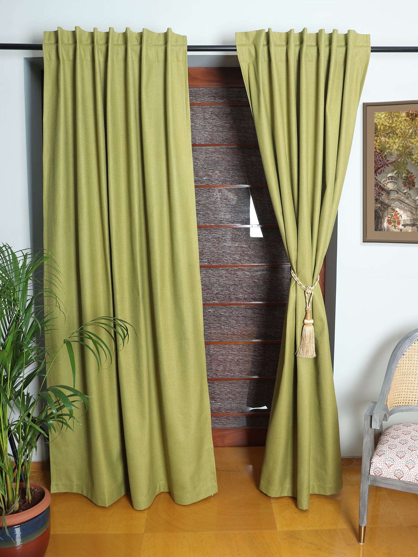 Door Curtain Self Textured Cotton Blend Green - 52" X 84" (Hidden Loop)