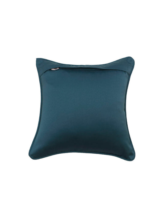A square teal throw pillow with a smooth satin-like finish and a subtle stitched detail near the top edge, shown against a plain white background.