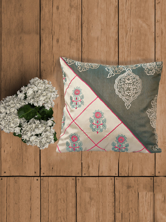 Floral Pattern Ethnic Embroidered Motifs | Handcrafted Patchwork Cushion Cover | 16 Inch x 16 Inch | Gray & Cream