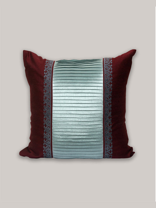 Sage Green Patchwork Pleated | Motif Embroidered Maroon | 100% Polyester | 20 Inch x 20 Inch | Cushion Cover