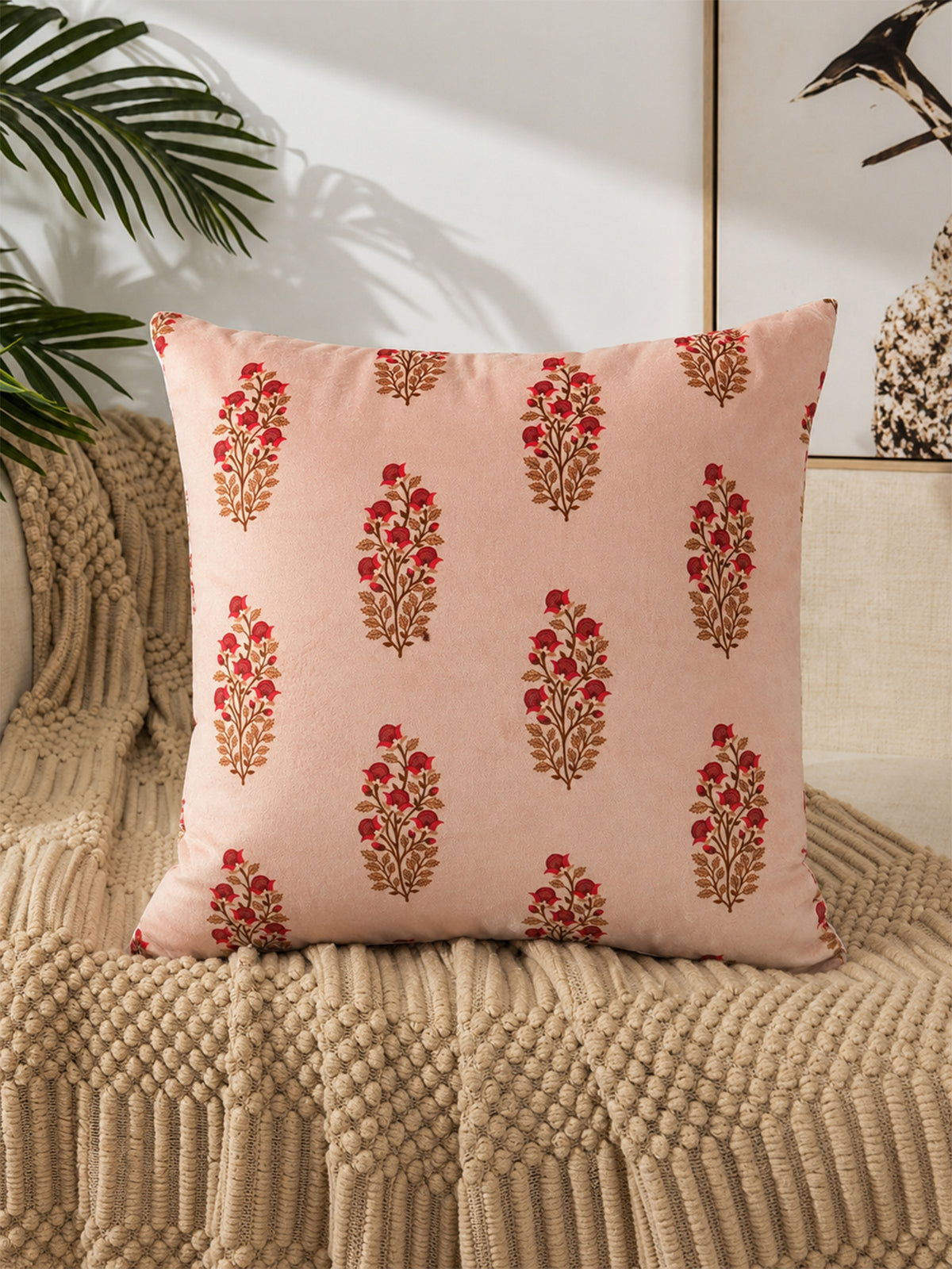 Printed Cushion Cover Velvet Peach Floral - 20" X 20"
