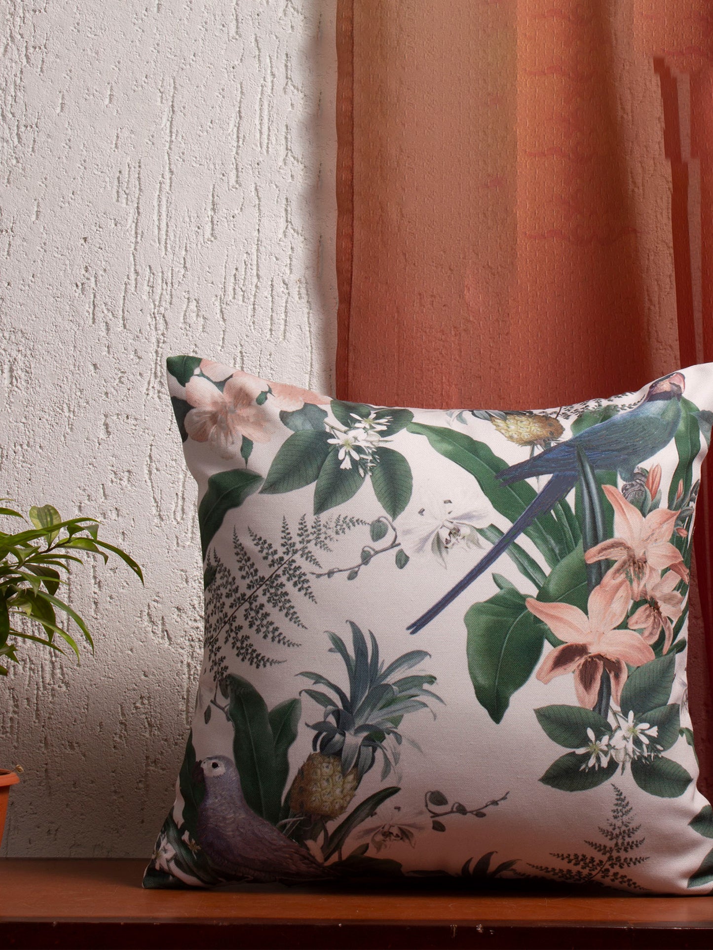 Tropical Botanical Accent Pillow with Bird Design | 16 x 16 Inch