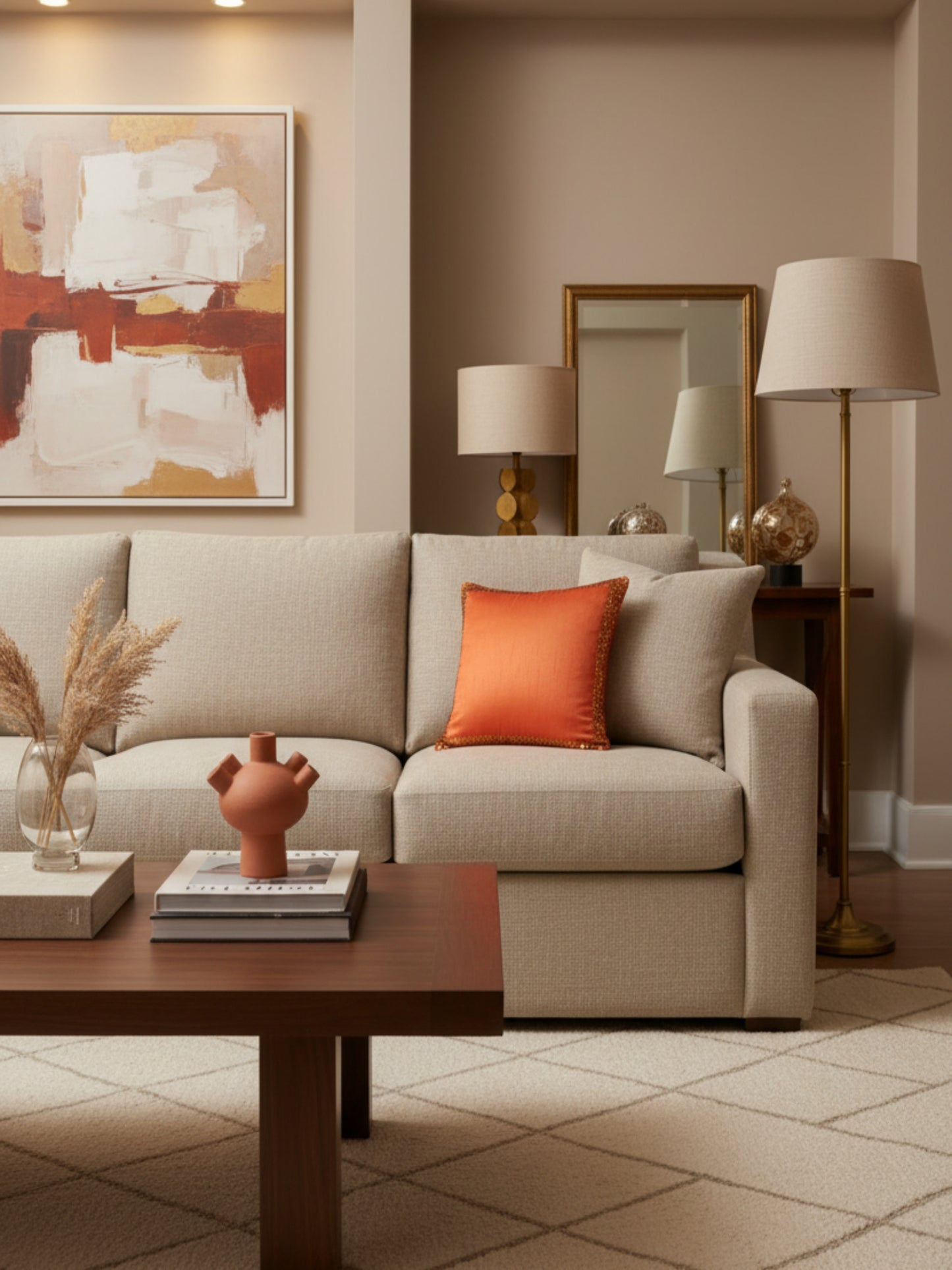 A square orange throw pillow with a textured satin-like finish and a contrasting dark brown sequined border, shown against a plain white background.