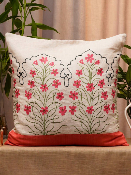 Cushion Cover Linen Silk Patchwork with Embroidery Off White - 20" X 20"