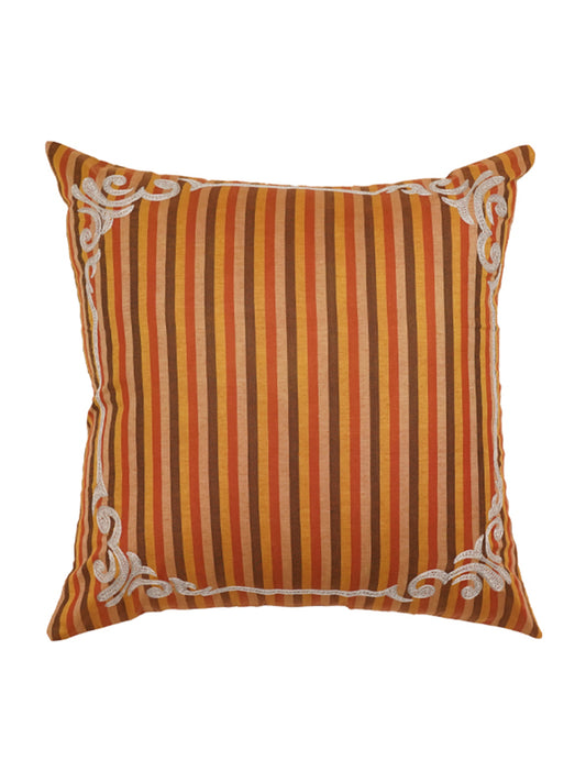 Silver Embroidered Motifs | Brown & Orange Striped | 100% Polyester | 20 Inch x 20 Inch | Cushion Cover