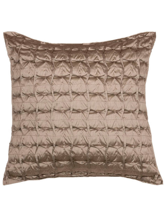A square decorative throw pillow in a textured taupe-brown fabric with a crinkled, quilted geometric pattern, shown against a plain white background.
