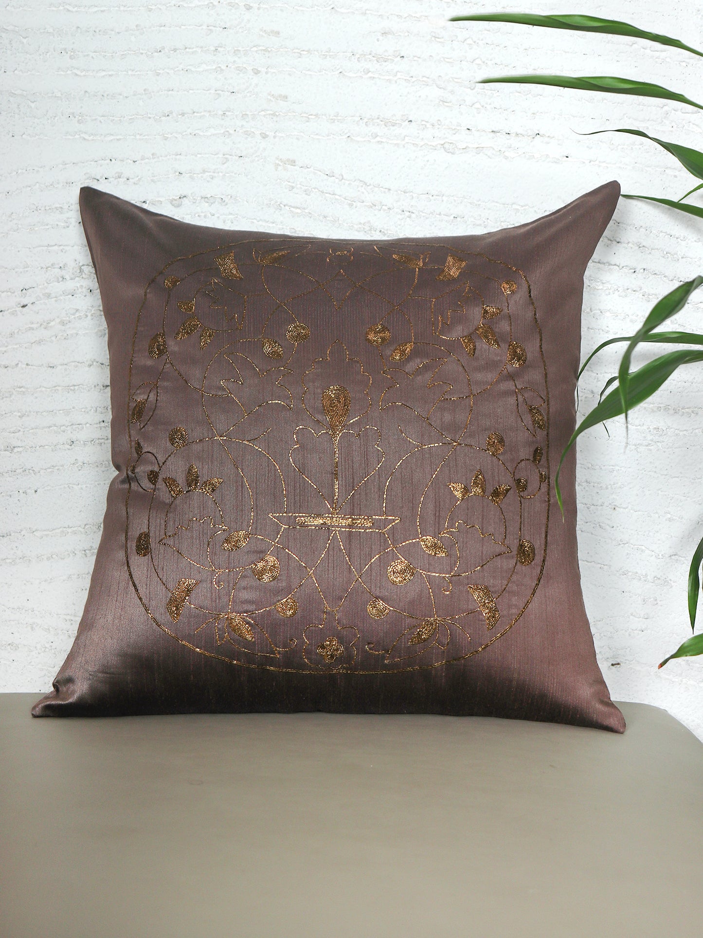 ZEBA World Eurosham Square Cushion Cover for Sofa, Bed | Embroidery - Polycanvas | Brown - 20x20in(50x50cm) (Pack of 1)