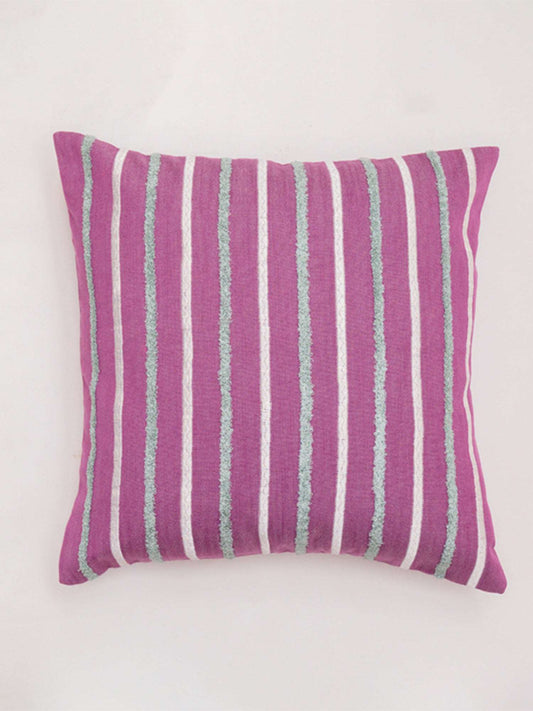 Cotton Blend Striped Plum Cushion Cover - 16"X16"