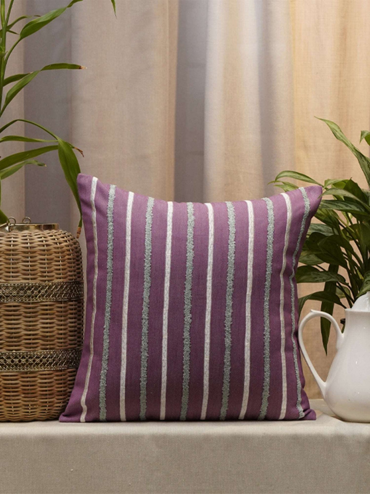 Cotton Blend Striped Plum Cushion Cover - 16"X16"