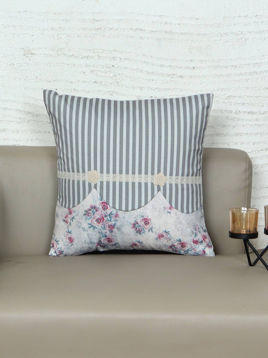 ZEBA World Hand Embroidered Cushion Cover - Luxe Collection | Sofa, Bedroom, Couch | Polycanvas Floral Print with Embroidery and Lace - Multicolor - 16x16 inch (40x40 cms) (Pack of 1)