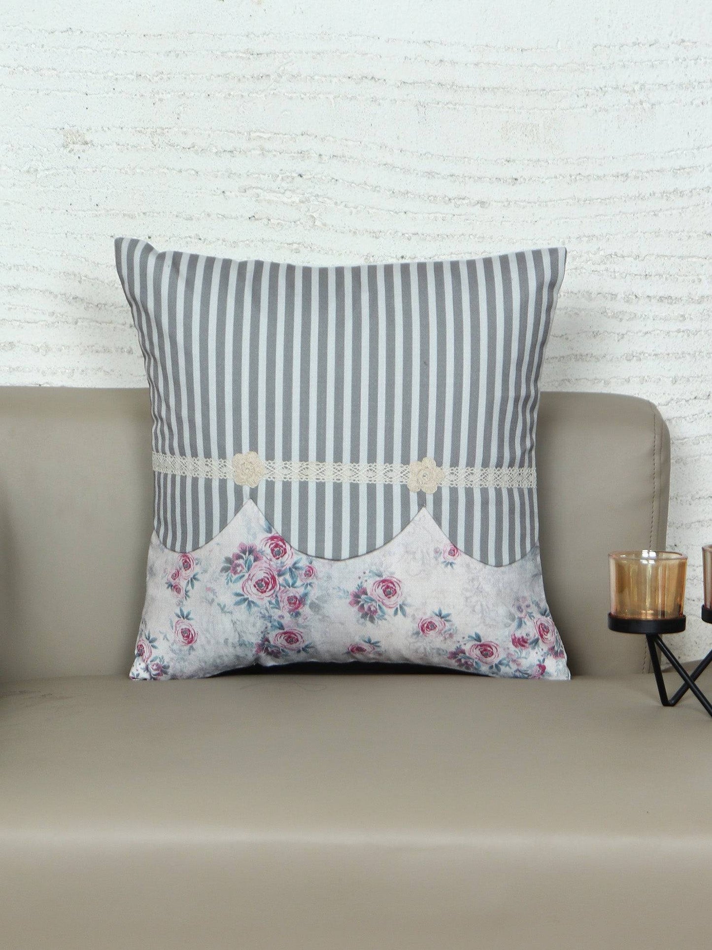 ZEBA World Hand Embroidered Cushion Cover - Luxe Collection | Sofa, Bedroom, Couch | Polycanvas Floral Print with Embroidery and Lace - Multicolor - 16x16 inch (40x40 cms) (Pack of 1)