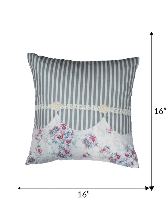 Hand Embroidered Cushion Cover - Luxe Collection | Sofa, Bedroom, Couch | Polycanvas Floral Print with Embroidery and Lace - Multicolor - 16x16 inch (40x40 cms) (Pack of 1)