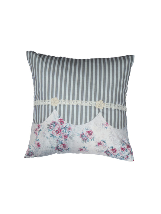Hand Embroidered Cushion Cover - Luxe Collection | Sofa, Bedroom, Couch | Polycanvas Floral Print with Embroidery and Lace - Multicolor - 16x16 inch (40x40 cms) (Pack of 1)