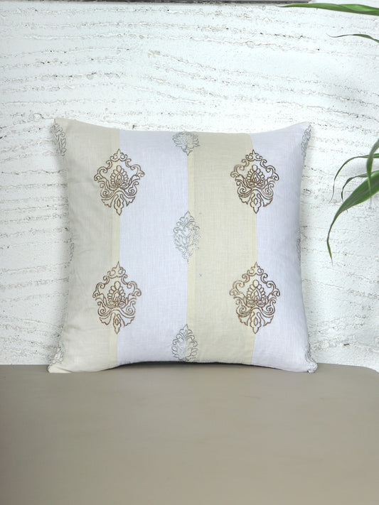 ZEBA World Square Cushion Cover for Sofa, Bed | Patchwork with Zari Hand Embroidery - Linen | Beige - 16x16in(40x40cm) (Pack of 1)
