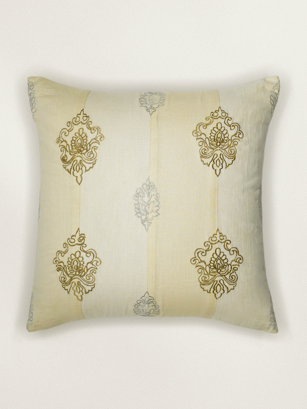 ZEBA World Square Cushion Cover for Sofa, Bed | Patchwork with Zari Hand Embroidery - Linen | Beige - 16x16in(40x40cm) (Pack of 1)
