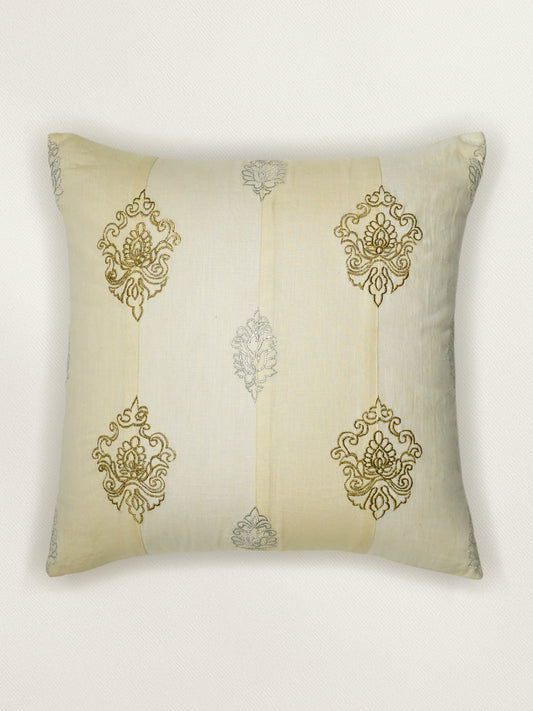 ZEBA World Square Cushion Cover for Sofa, Bed | Patchwork with Zari Hand Embroidery - Linen | Beige - 16x16in(40x40cm) (Pack of 1)