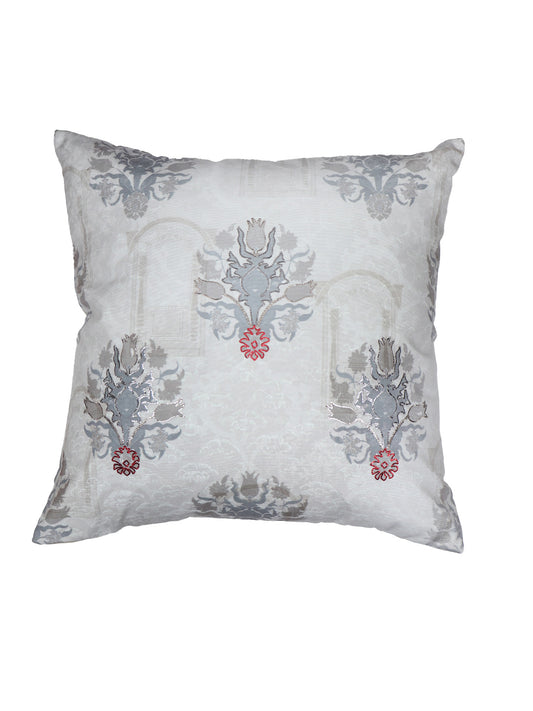Eurosham Cushion Cover with Mughal Motif Print with Hand Embroidery - Polycanvas | Grey - 20x20in