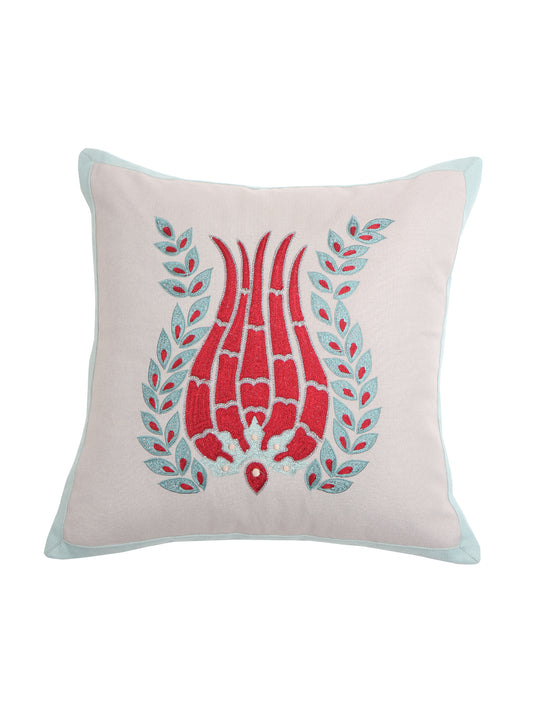 Cushion Cover Cotton Aari with Hand Embroidery and Border Floral Grey - 16 X 16 In